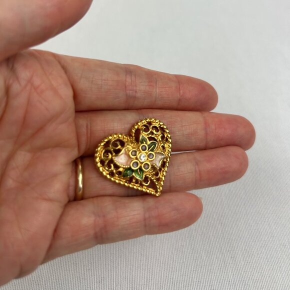 Floral Heart Brooch I Love You Rhinestone Enamel Flower Gold Tone Pin Pendant - Picture 5 of 5